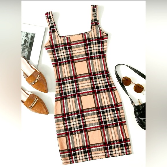 Double Square Neck Plaid Bodycon Mini Dress, Women’s Size Medium. - Picture 3 of 5
